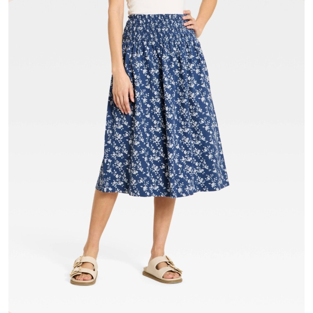 Women's Universal Thread Printed Ruched Midi A-Line Skirt Blue Floral Large